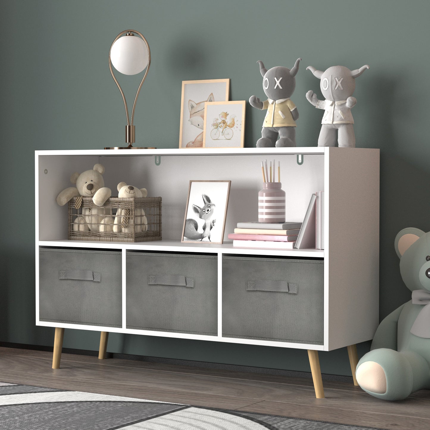 Kids Bookcase with Collapsible Fabric Drawers - Children's Book Display & Toy Storage Organizer, White/Gray, Stylish