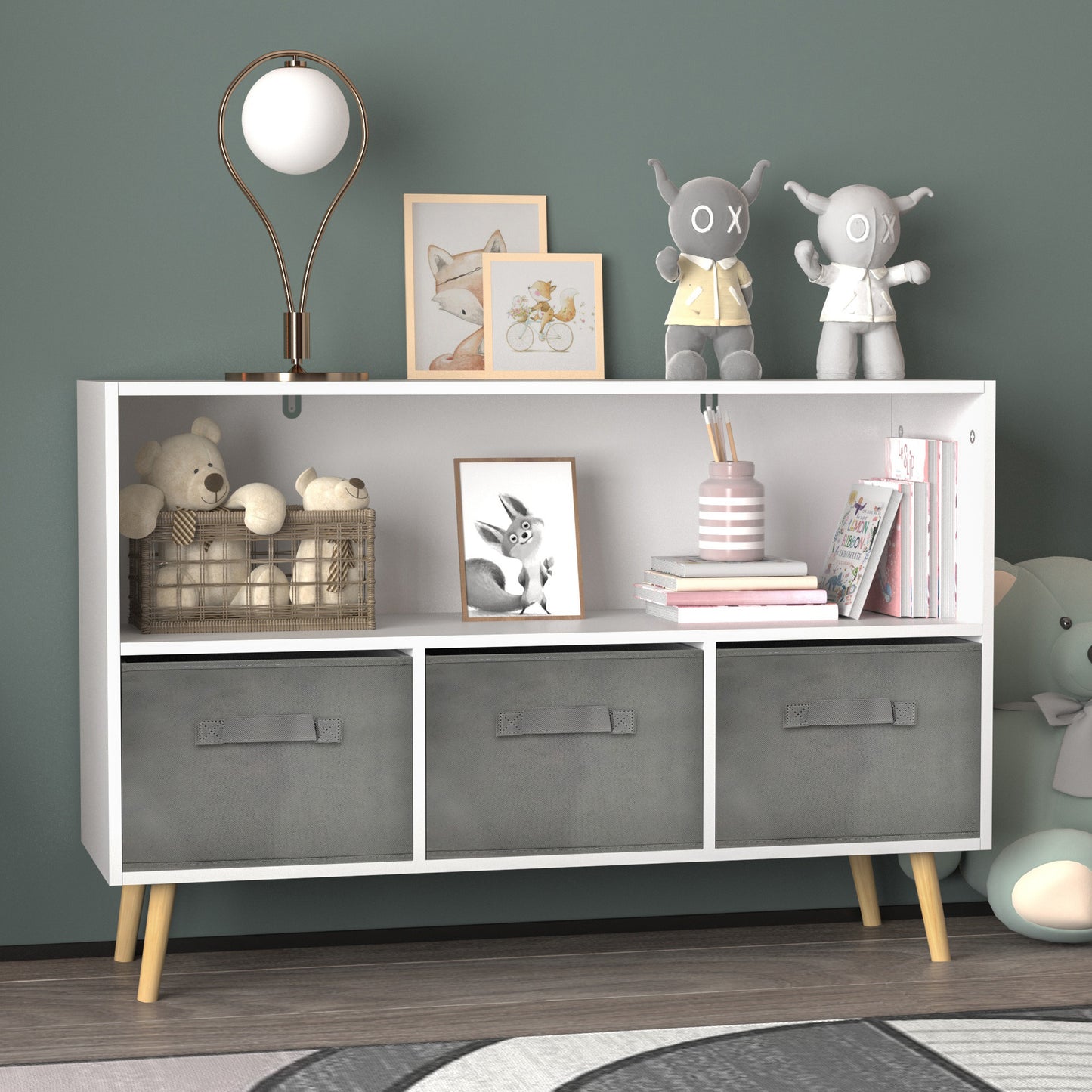 Kids Bookcase with Collapsible Fabric Drawers - Children's Book Display & Toy Storage Organizer, White/Gray, Stylish