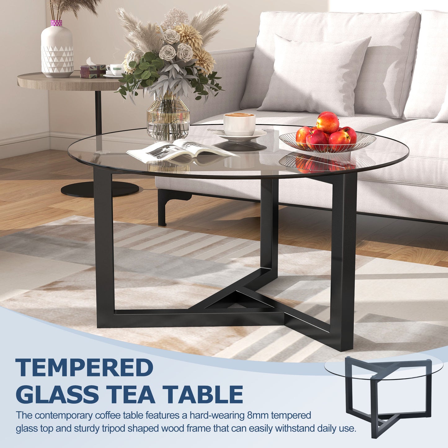 Modern Round Glass Coffee Table - Stylish Cocktail Table with Tempered Glass Top & Sturdy Wood Base - Easy Assembly - Black Finish