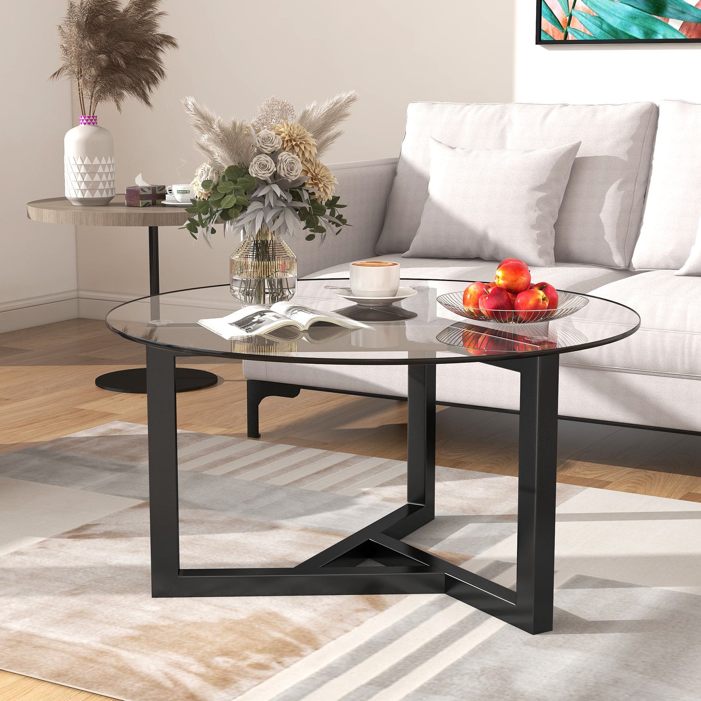 Modern Round Glass Coffee Table - Stylish Cocktail Table with Tempered Glass Top & Sturdy Wood Base - Easy Assembly - Black Finish