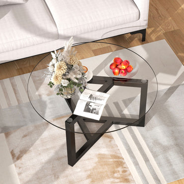 Modern Round Glass Coffee Table - Stylish Cocktail Table with Tempered Glass Top & Sturdy Wood Base - Easy Assembly - Black Finish