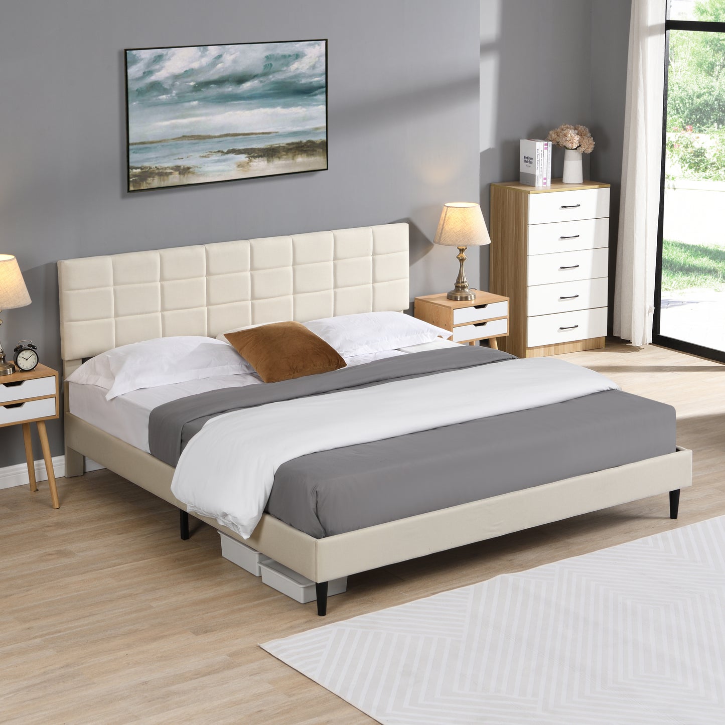 King Size Platform Bed Frame with Upholstered Headboard, Wooden Slats, Easy Assembly, No Box Spring Required, Dark Beige