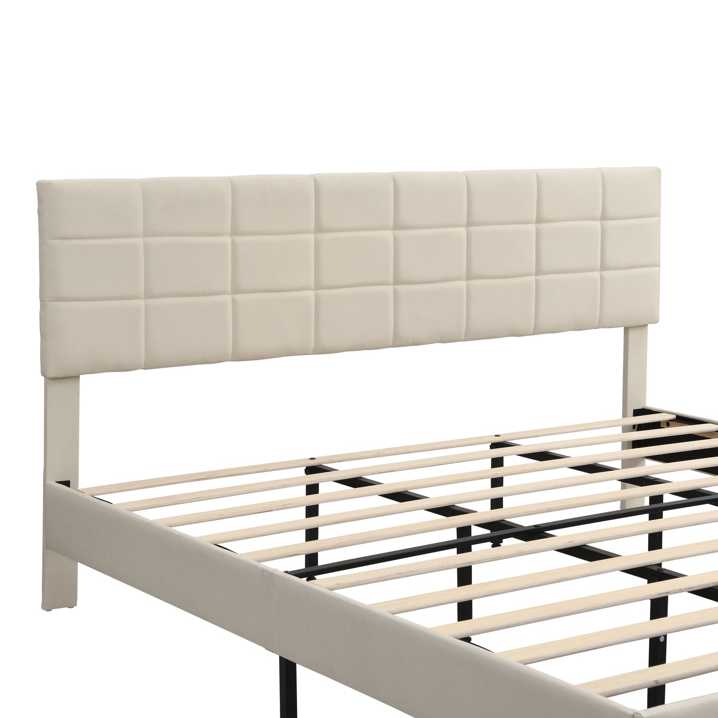 King Size Platform Bed Frame with Upholstered Headboard, Wooden Slats, Easy Assembly, No Box Spring Required, Dark Beige