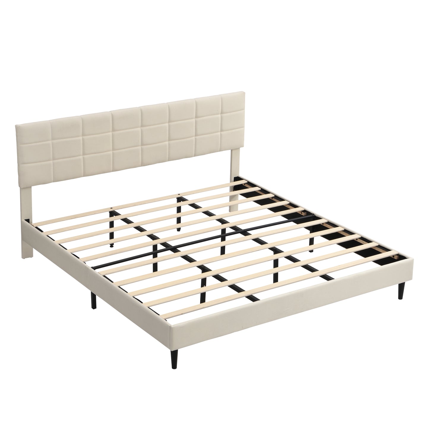 King Size Platform Bed Frame with Upholstered Headboard, Wooden Slats, Easy Assembly, No Box Spring Required, Dark Beige