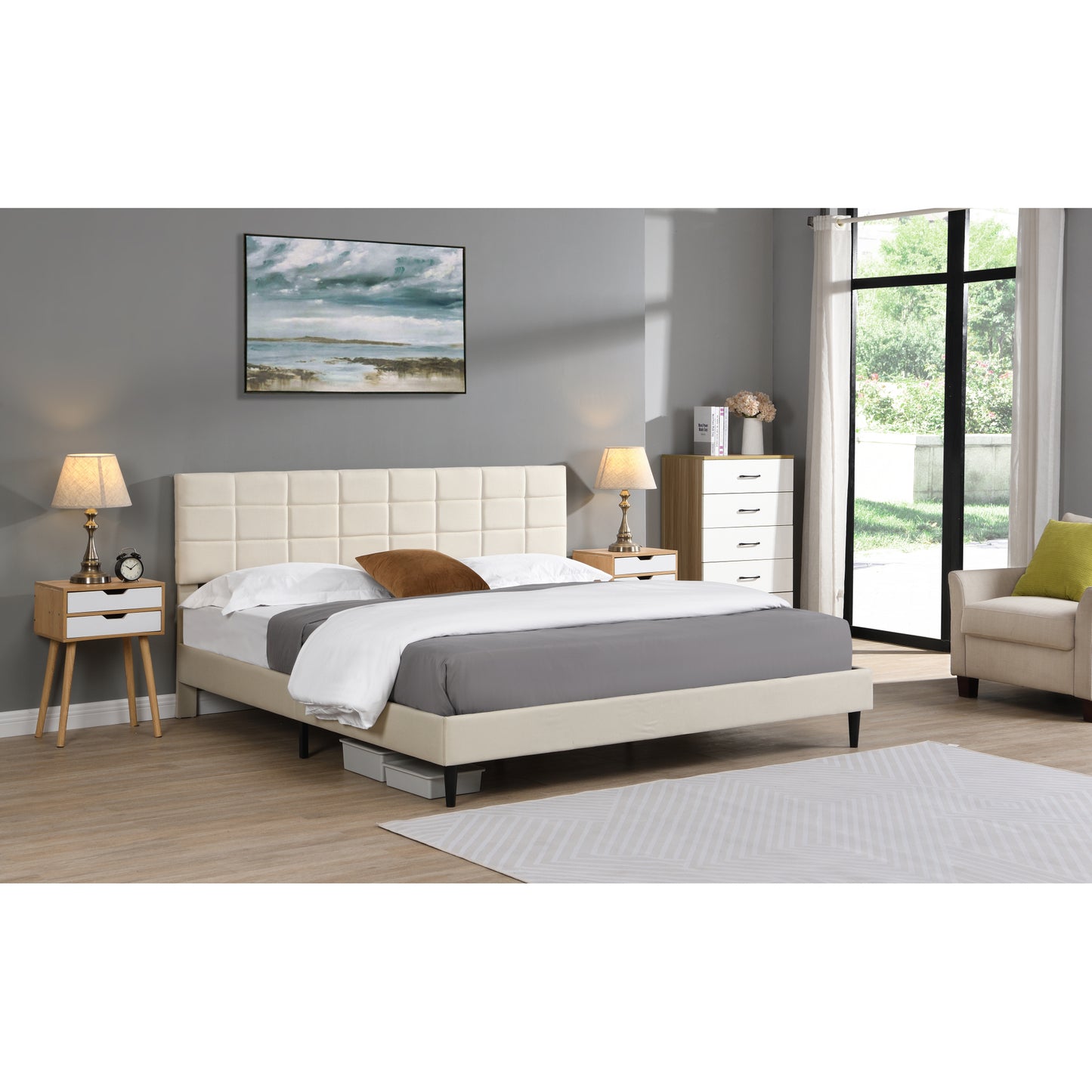 King Size Platform Bed Frame with Upholstered Headboard, Wooden Slats, Easy Assembly, No Box Spring Required, Dark Beige