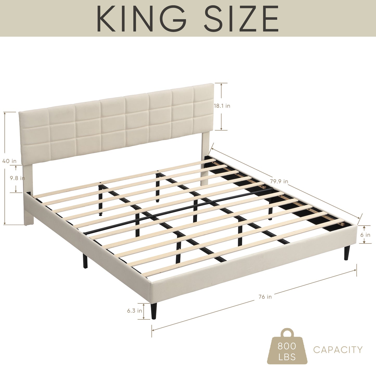 King Size Platform Bed Frame with Upholstered Headboard, Wooden Slats, Easy Assembly, No Box Spring Required, Dark Beige