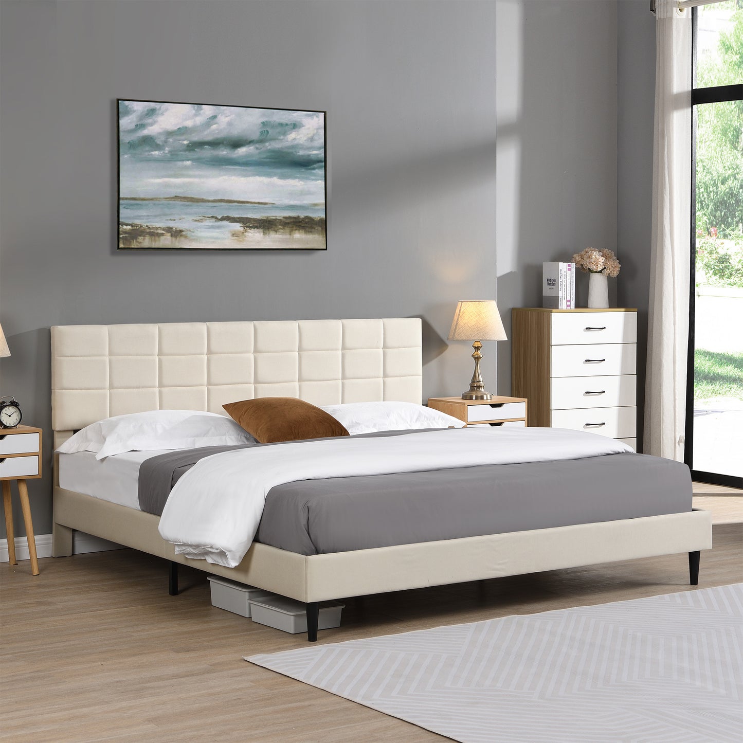 King Size Platform Bed Frame with Upholstered Headboard, Wooden Slats, Easy Assembly, No Box Spring Required, Dark Beige