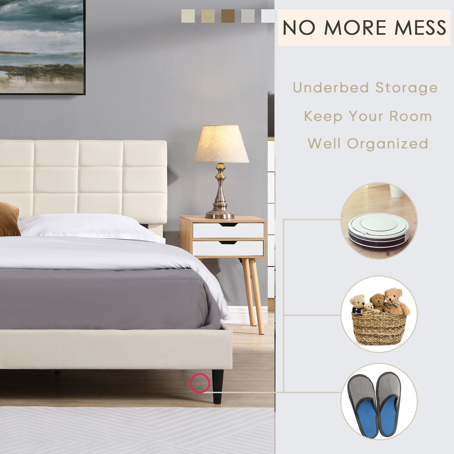 King Size Platform Bed Frame with Upholstered Headboard, Wooden Slats, Easy Assembly, No Box Spring Required, Dark Beige
