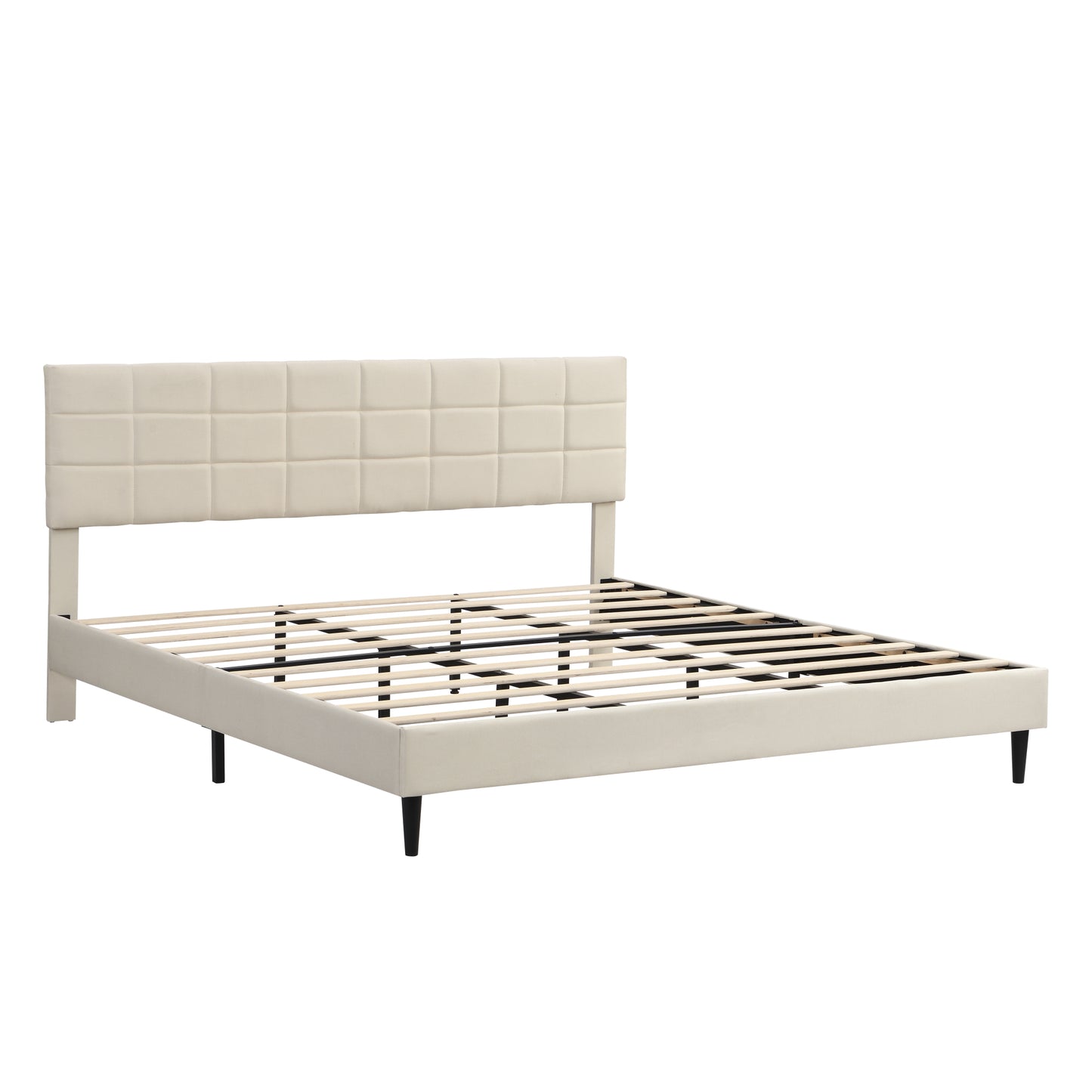 King Size Platform Bed Frame with Upholstered Headboard, Wooden Slats, Easy Assembly, No Box Spring Required, Dark Beige