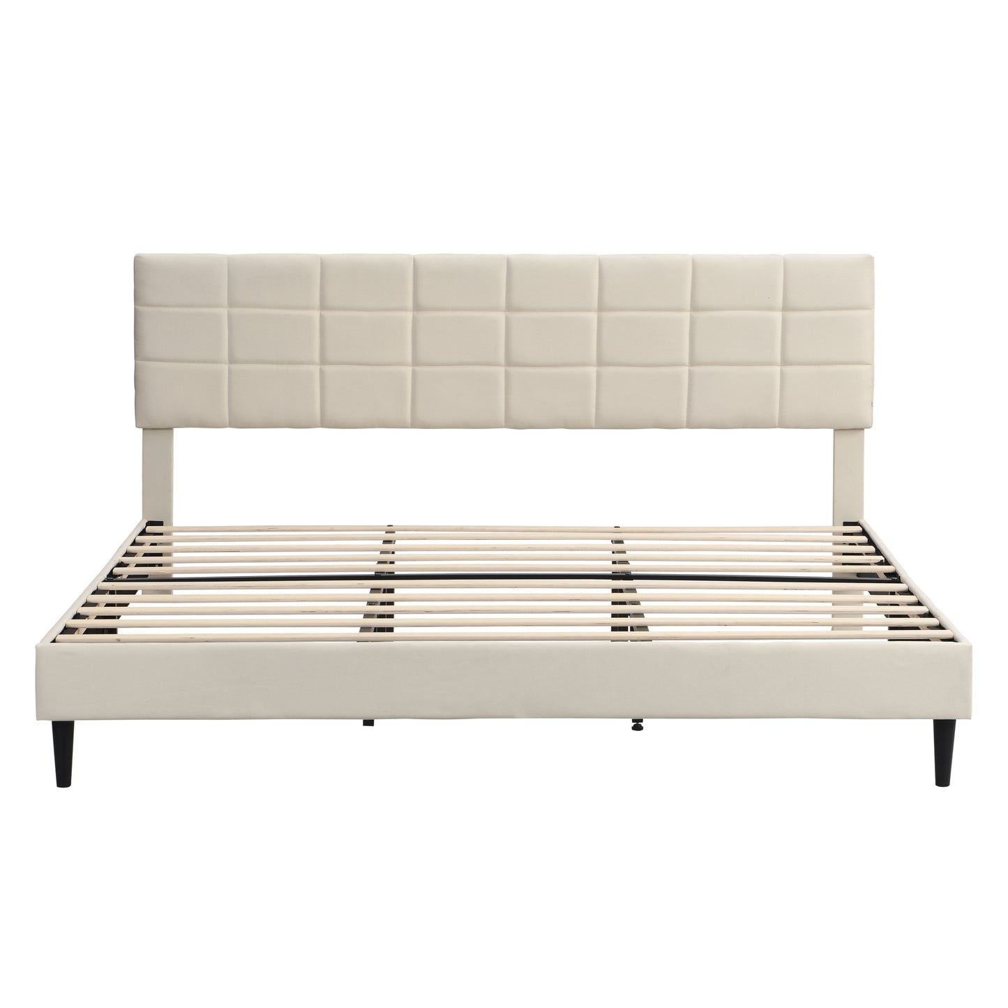 King Size Platform Bed Frame with Upholstered Headboard, Wooden Slats, Easy Assembly, No Box Spring Required, Dark Beige