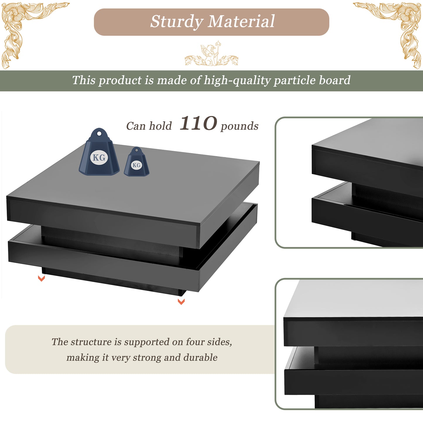 High Gloss Minimalist LED 2-Tier Square Coffee Table, Modern Center Table for Living Room, 31.5x31.5x14.2, Black Finish