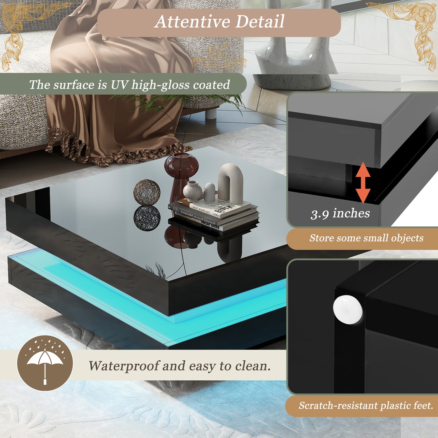 High Gloss Minimalist LED 2-Tier Square Coffee Table, Modern Center Table for Living Room, 31.5x31.5x14.2, Black Finish