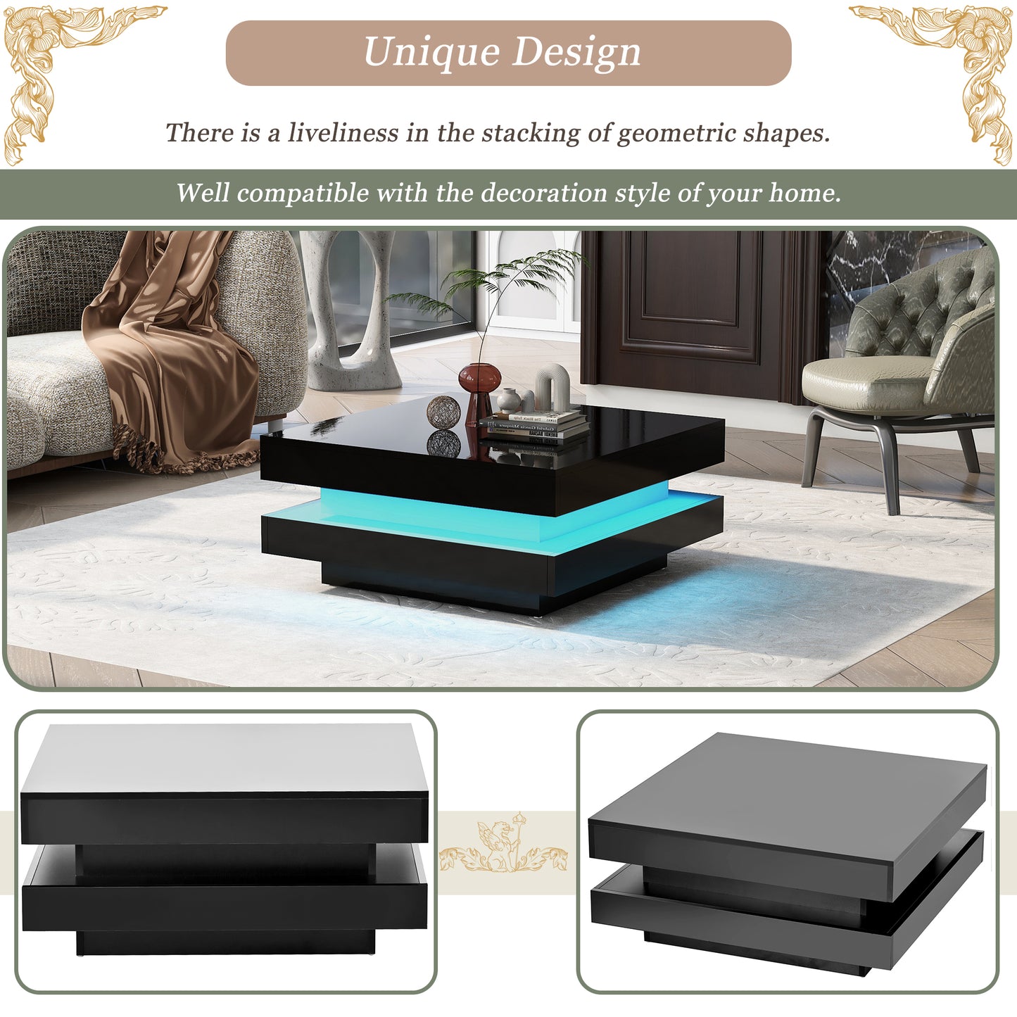High Gloss Minimalist LED 2-Tier Square Coffee Table, Modern Center Table for Living Room, 31.5x31.5x14.2, Black Finish