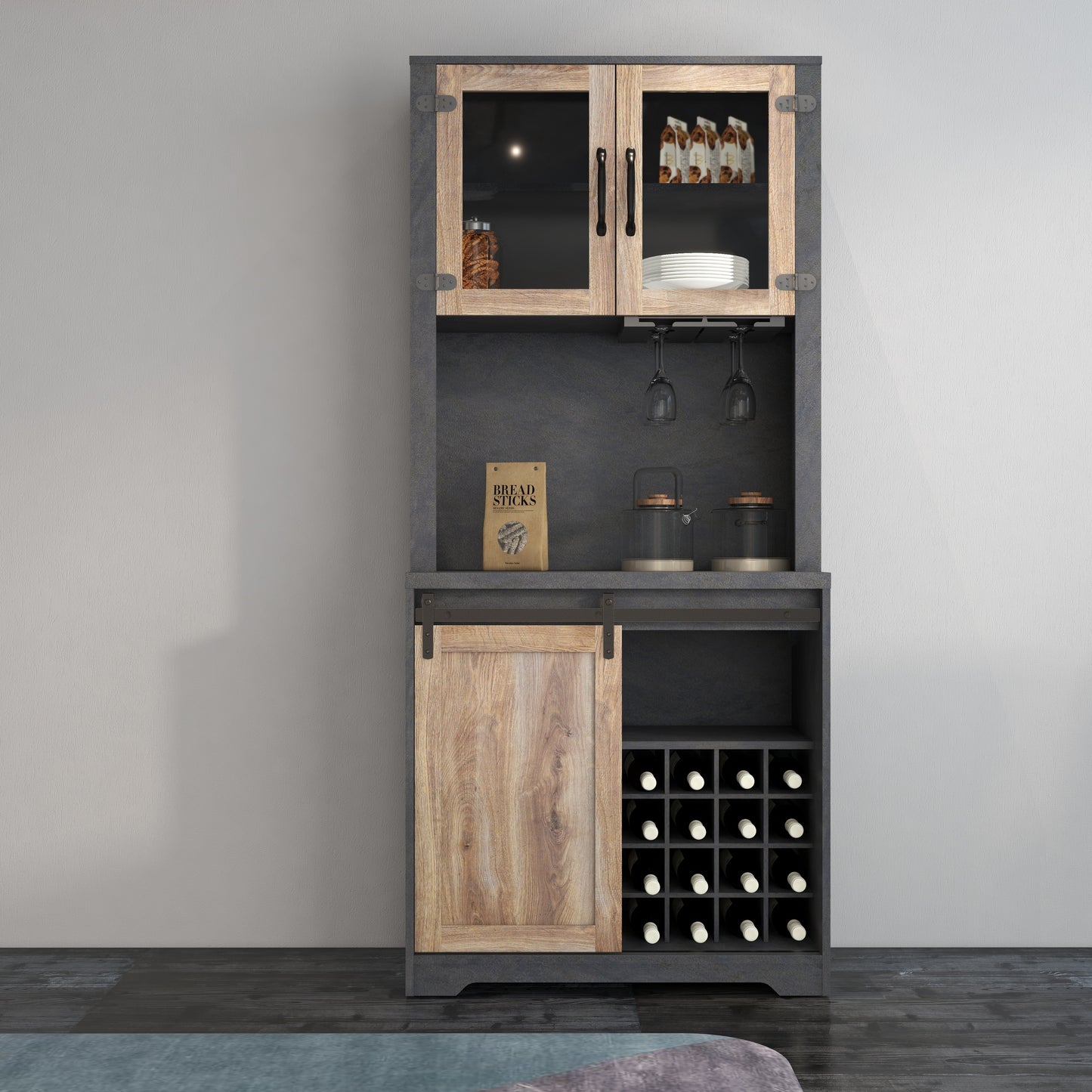 31 Inch Farmhouse Barn Door Bar Cabinet for Living Room Dining Room Storage Rustic Home Furniture