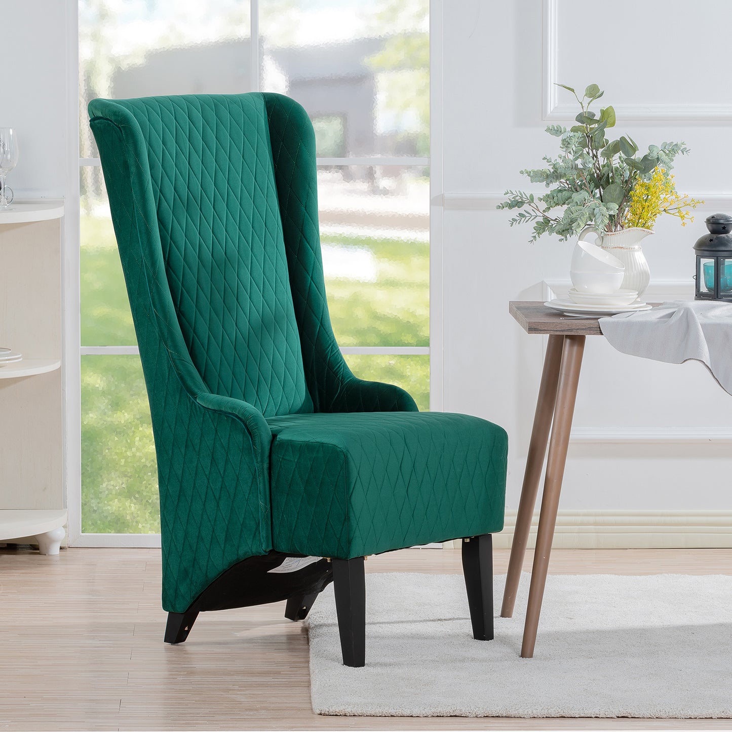 Elegant Green High-Back Velvet Accent Chair with Padded Comfort and Wooden Legs for Living Room or Bedroom
