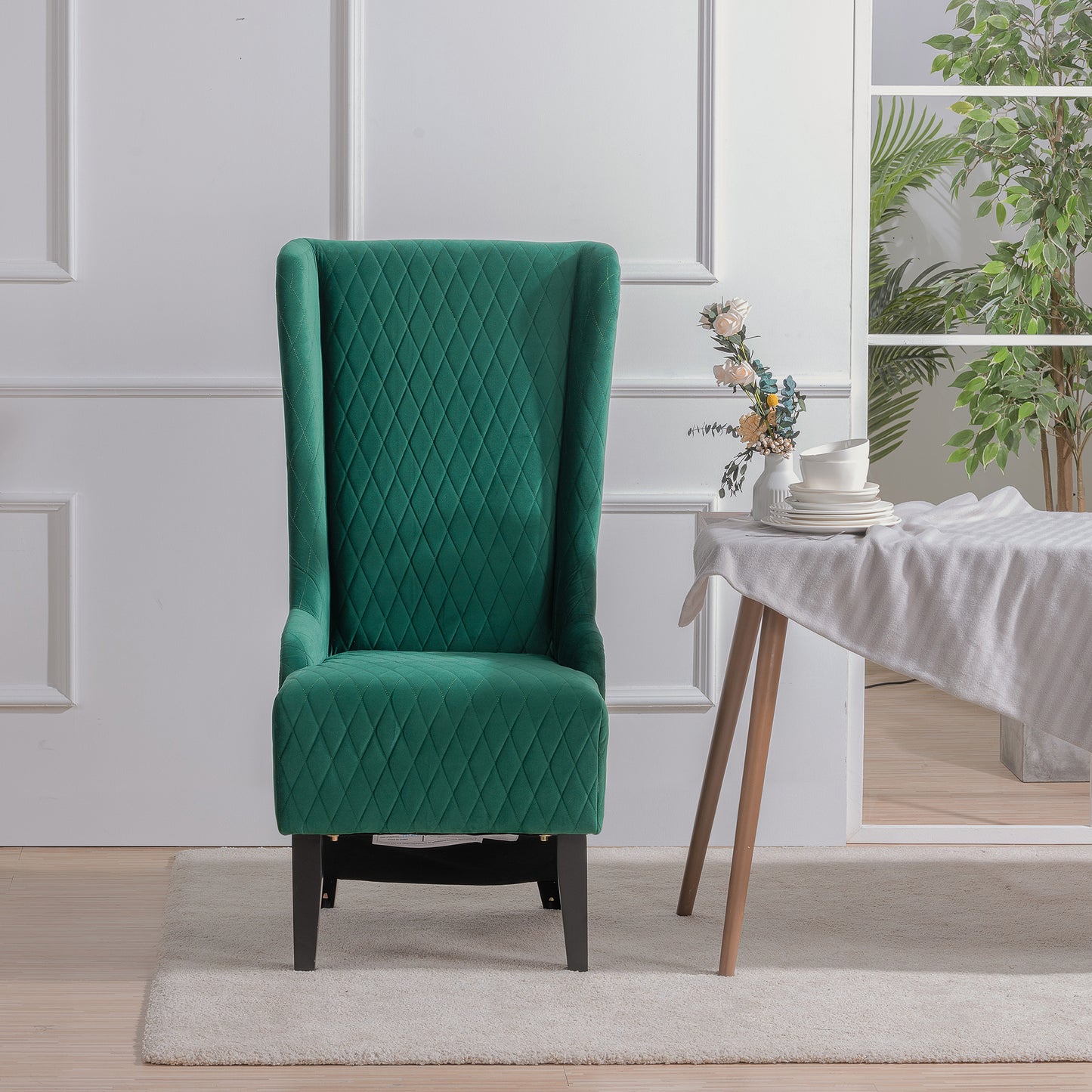 Elegant Green High-Back Velvet Accent Chair with Padded Comfort and Wooden Legs for Living Room or Bedroom