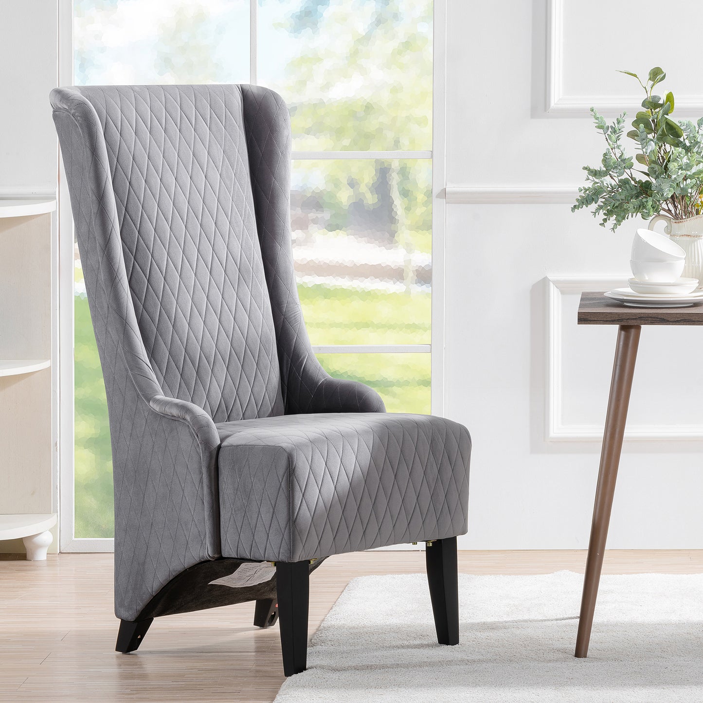 Velvet Accent Chair, 23.03 Wide High-Back Wingback Chair, Comfy Living Room Chair with Soft Padded Seat & Wooden Legs Grey