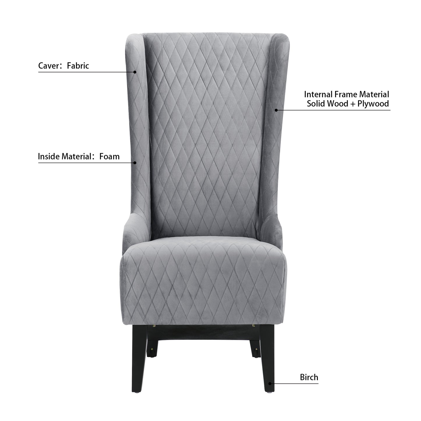 Velvet Accent Chair, 23.03 Wide High-Back Wingback Chair, Comfy Living Room Chair with Soft Padded Seat & Wooden Legs Grey