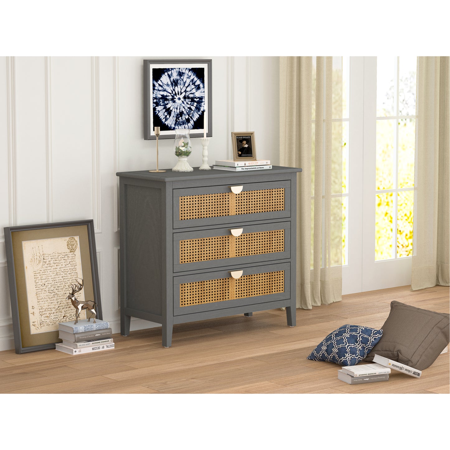 3 Drawer Cabinet with Natural Rattan - Stylish Wooden Storage Unit for Bedroom, Living Room, and Study Furniture
