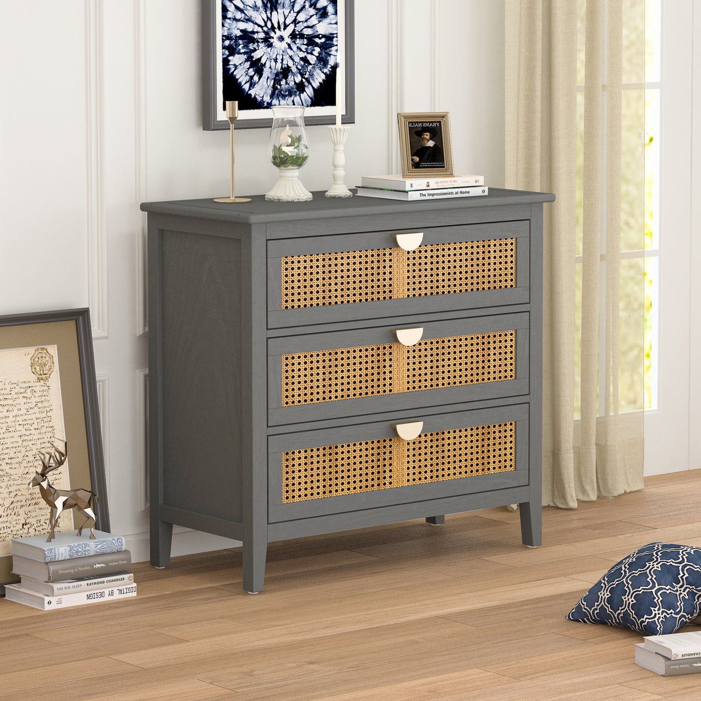3 Drawer Cabinet with Natural Rattan - Stylish Wooden Storage Unit for Bedroom, Living Room, and Study Furniture