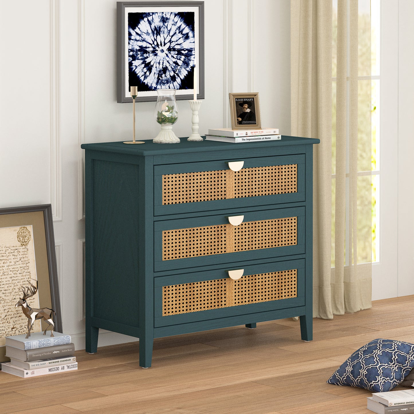 3 Drawer Cabinet with Natural Rattan Design, Stylish Storage Solution for Bedroom, Living Room, and Study Furniture