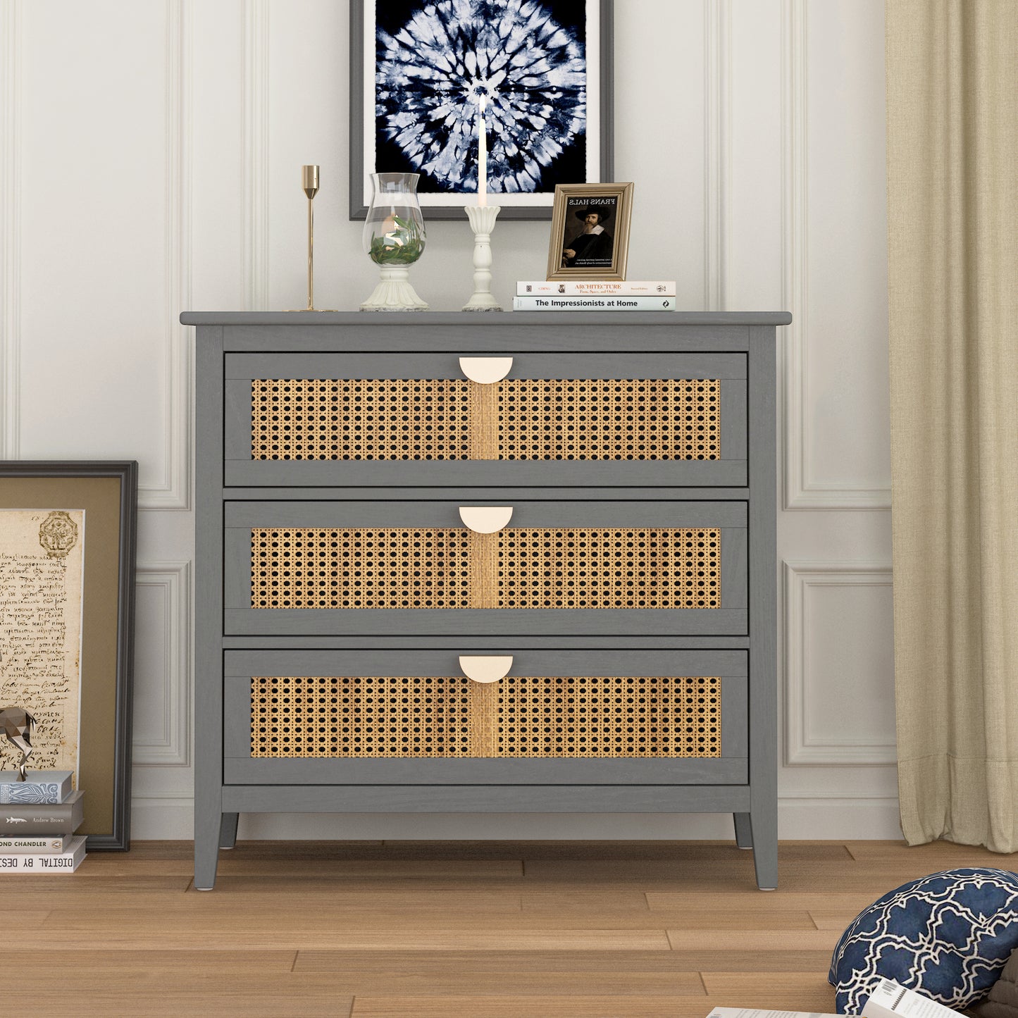 3 Drawer Cabinet with Natural Rattan - Stylish Wooden Storage Unit for Bedroom, Living Room, and Study Furniture