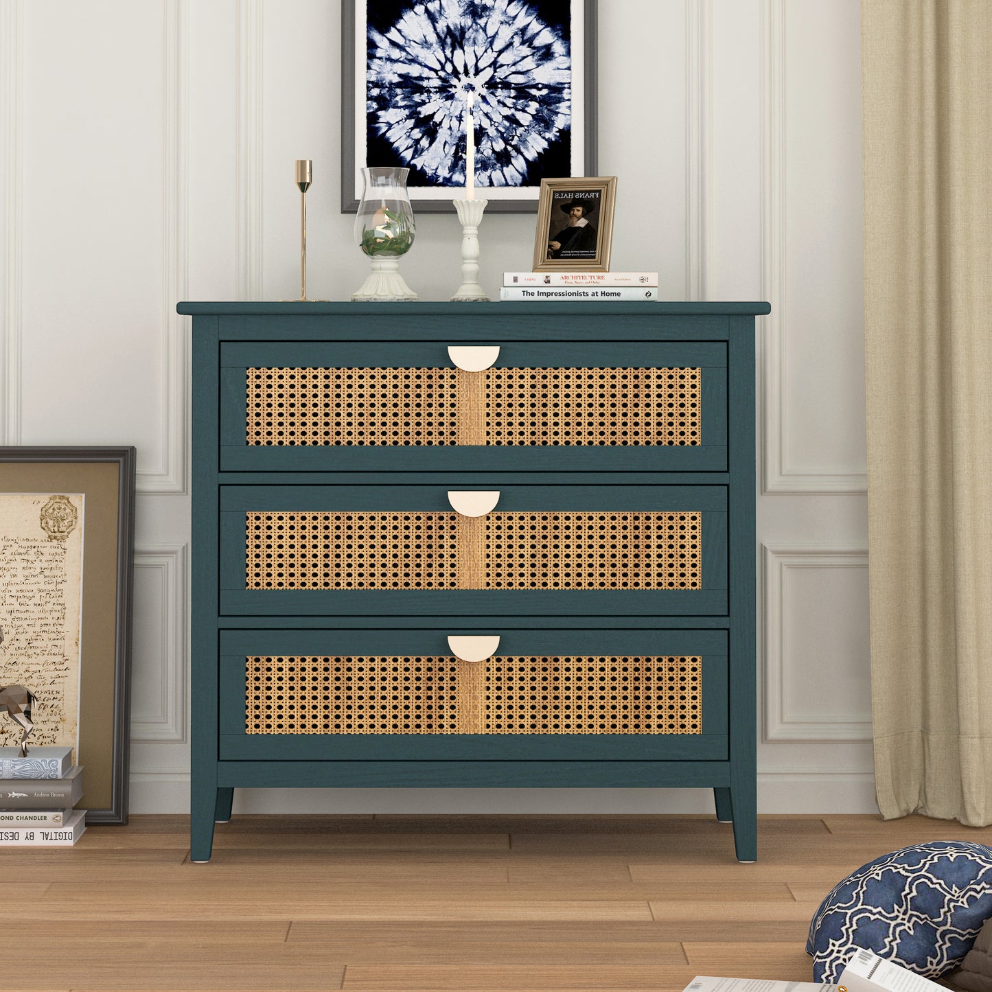 3 Drawer Cabinet with Natural Rattan Design, Stylish Storage Solution for Bedroom, Living Room, and Study Furniture