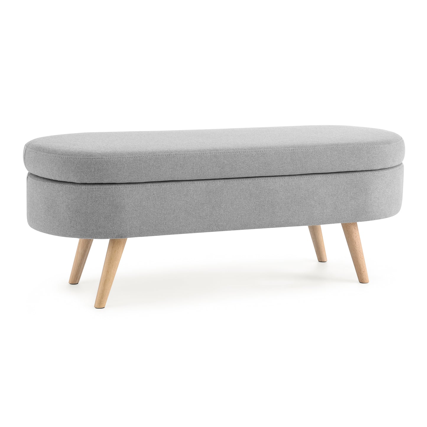 Oval Storage Bench with Rubber Wood Legs - Grey Upholstered Ottoman, 43.5x16x16 - Stylish Seating & Hidden Storage