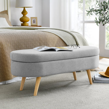 Oval Storage Bench with Rubber Wood Legs - Grey Upholstered Ottoman, 43.5x16x16 - Stylish Seating & Hidden Storage