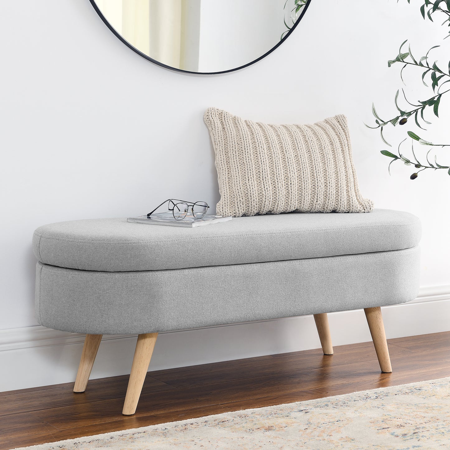 Oval Storage Bench with Rubber Wood Legs - Grey Upholstered Ottoman, 43.5x16x16 - Stylish Seating & Hidden Storage