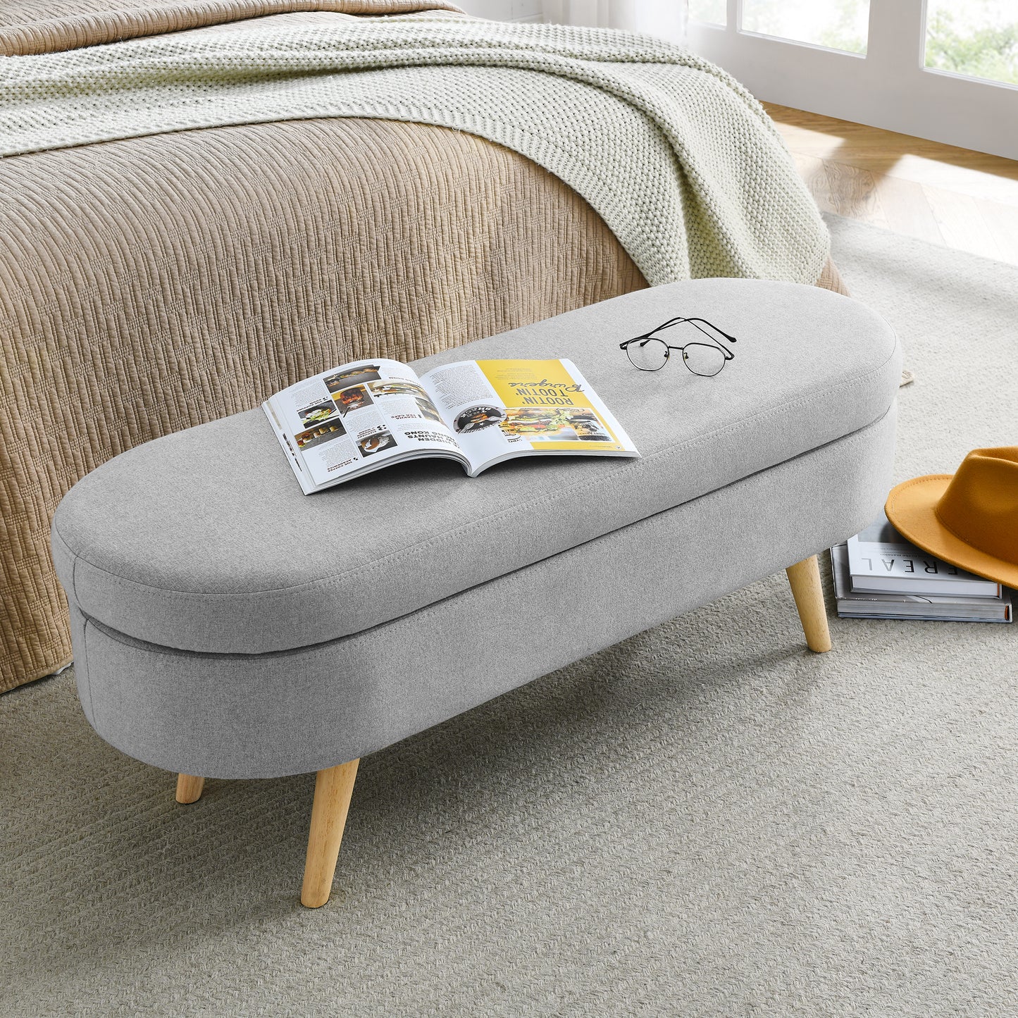Oval Storage Bench with Rubber Wood Legs - Grey Upholstered Ottoman, 43.5x16x16 - Stylish Seating & Hidden Storage