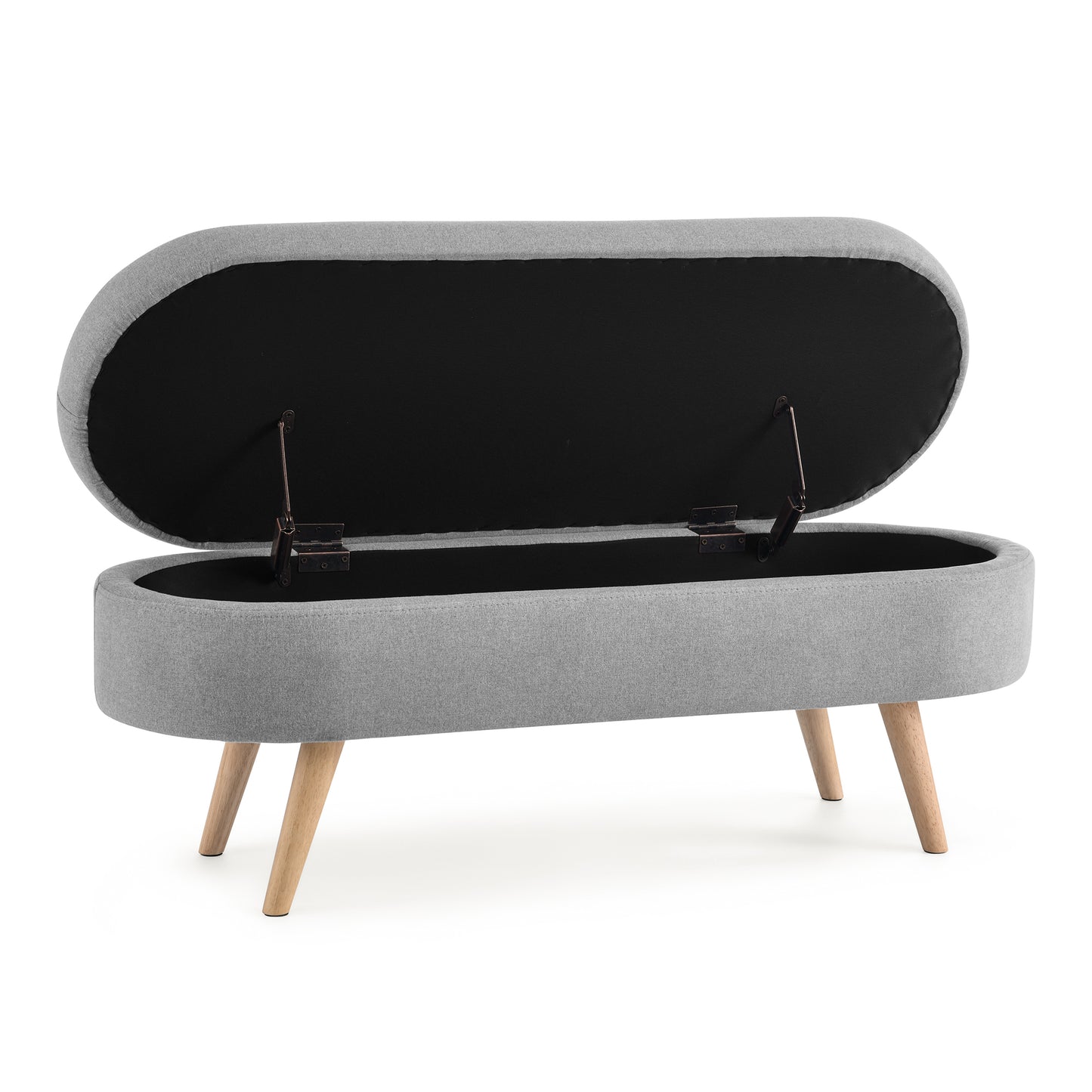 Oval Storage Bench with Rubber Wood Legs - Grey Upholstered Ottoman, 43.5x16x16 - Stylish Seating & Hidden Storage