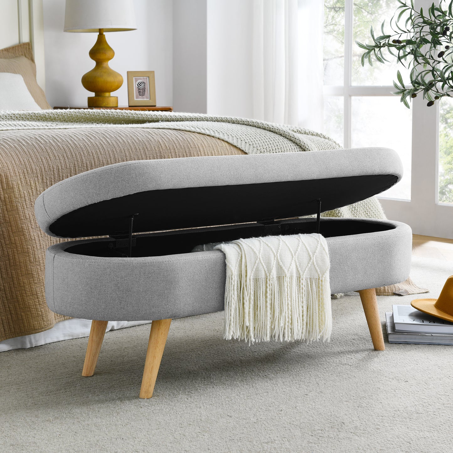 Oval Storage Bench with Rubber Wood Legs - Grey Upholstered Ottoman, 43.5x16x16 - Stylish Seating & Hidden Storage
