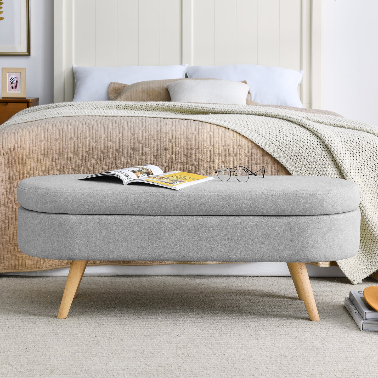 Oval Storage Bench with Rubber Wood Legs - Grey Upholstered Ottoman, 43.5x16x16 - Stylish Seating & Hidden Storage