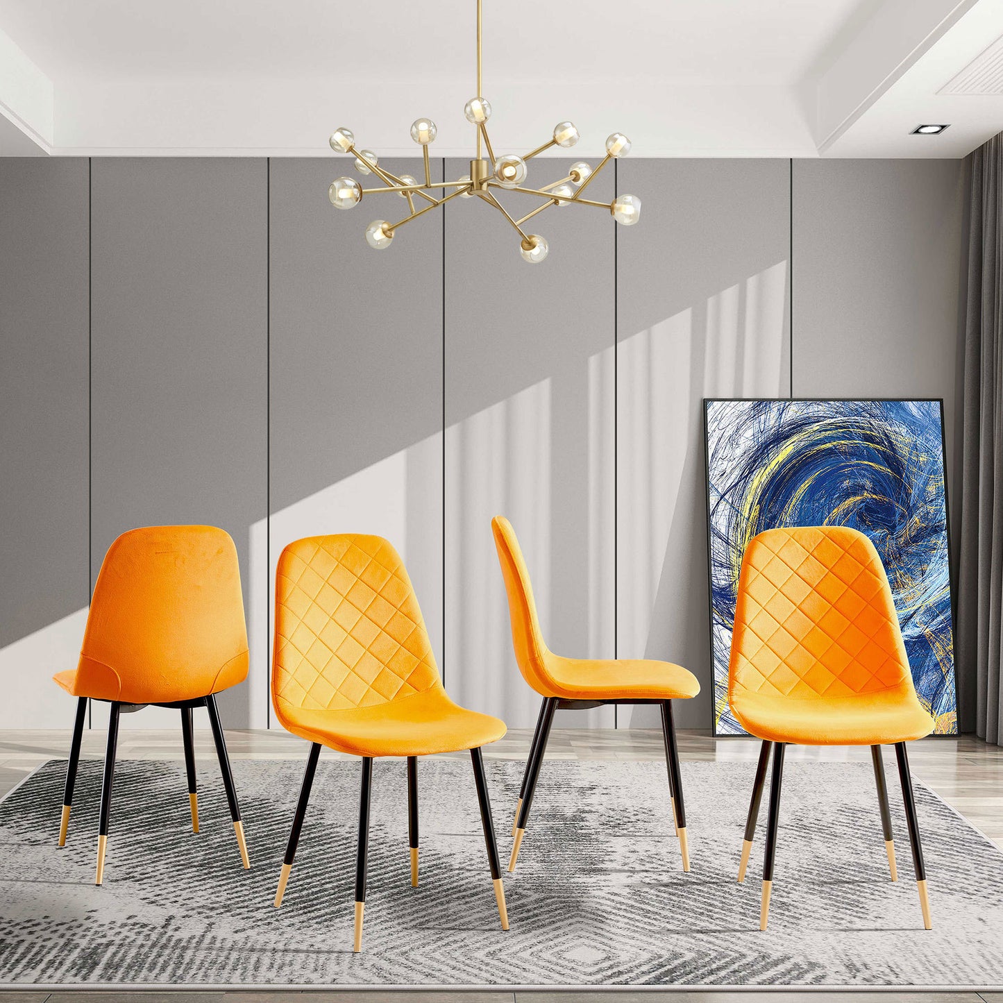 Orange Velvet Tufted Accent Chairs with Gold Metal Legs, Stylish Modern Dining Chairs for Living Room, Set of 2