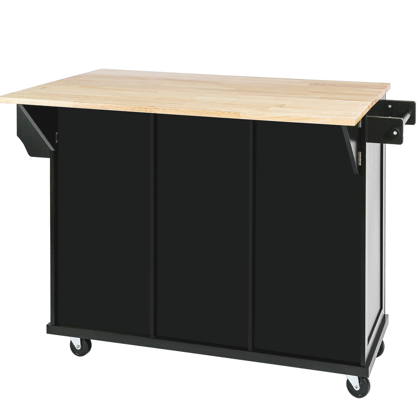 Black Kitchen Island Cart with Rubberwood Drop-Leaf Top Storage Cabinet and 3 Drawers on Wheels