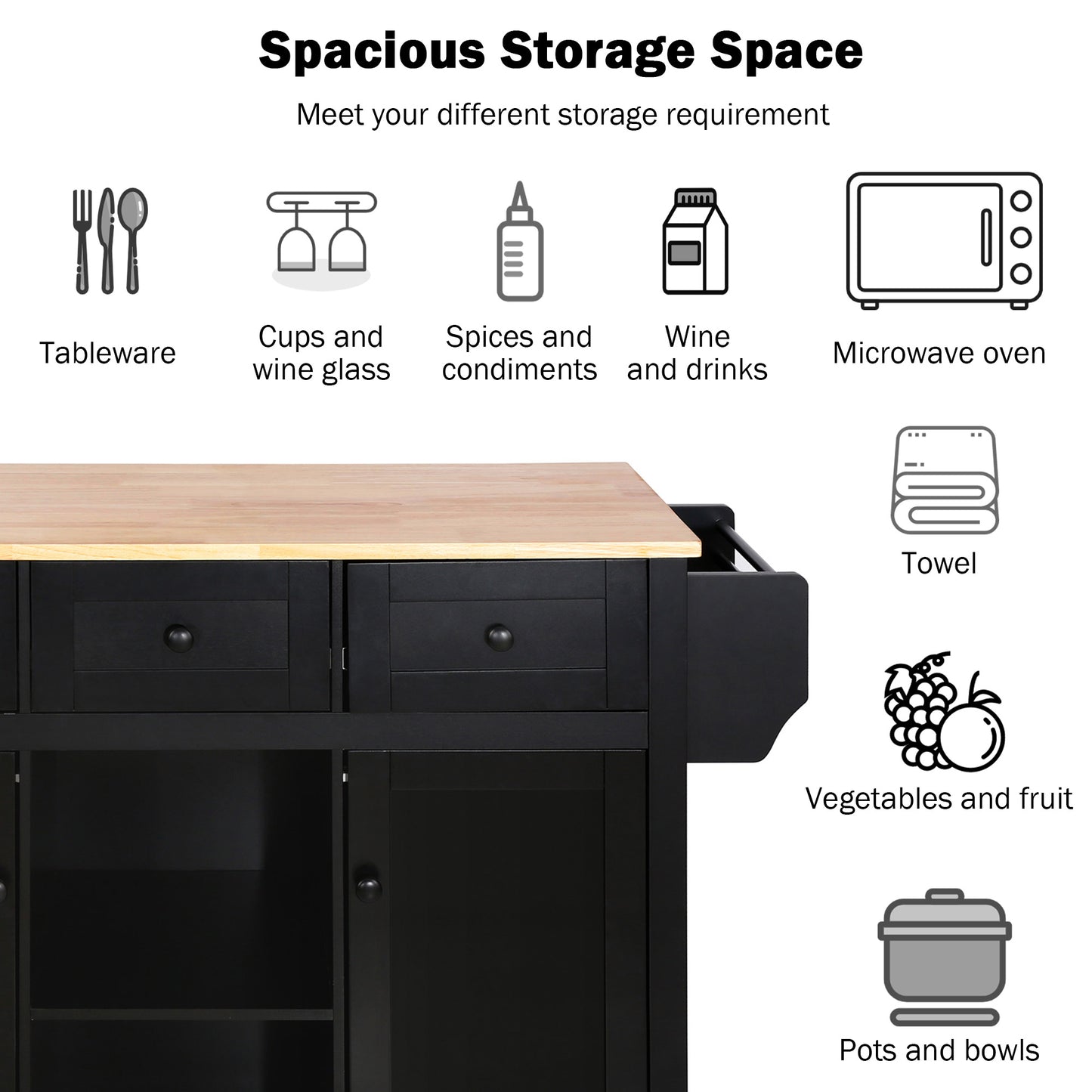 Black Kitchen Island Cart with Rubberwood Drop-Leaf Top Storage Cabinet and 3 Drawers on Wheels
