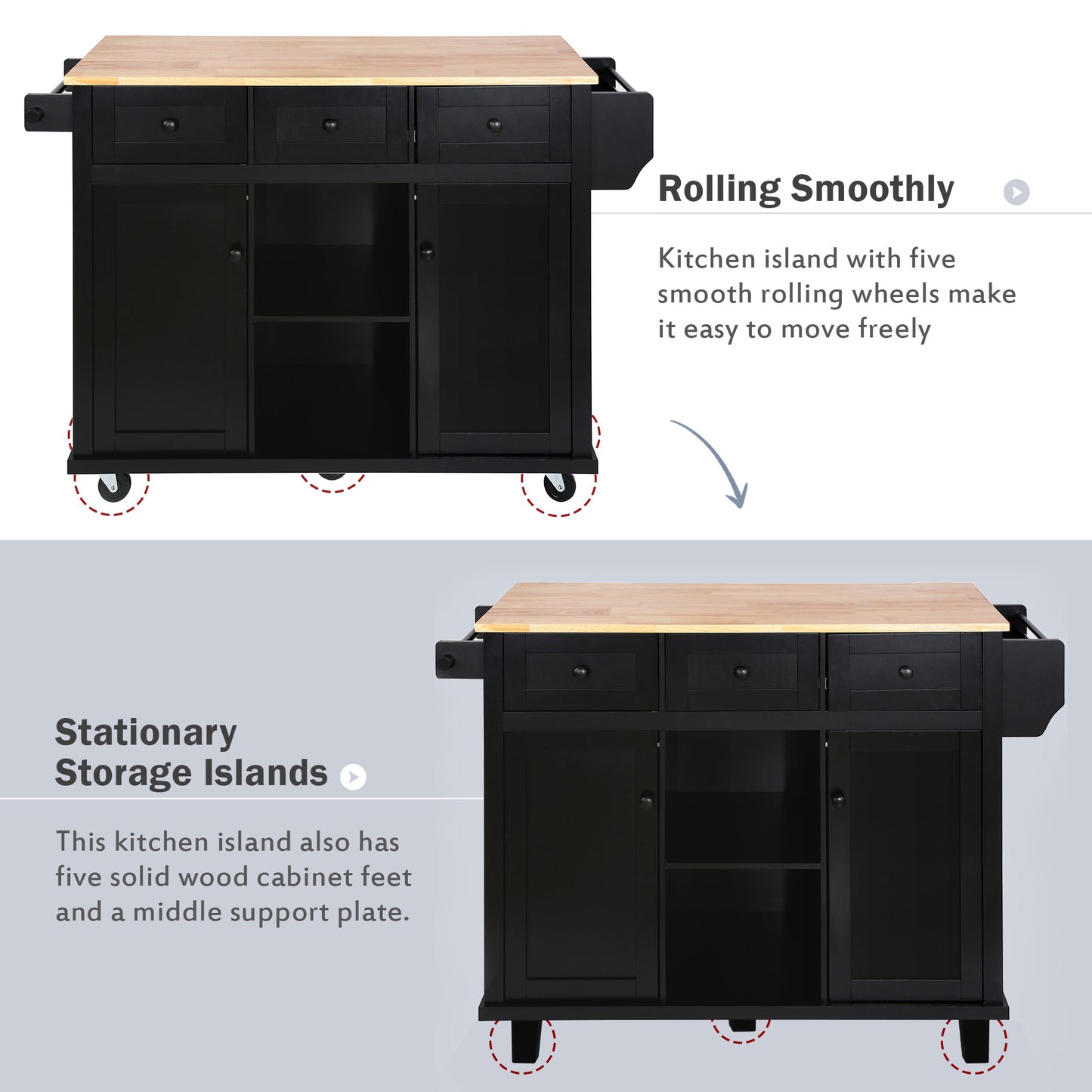 Black Kitchen Island Cart with Rubberwood Drop-Leaf Top Storage Cabinet and 3 Drawers on Wheels