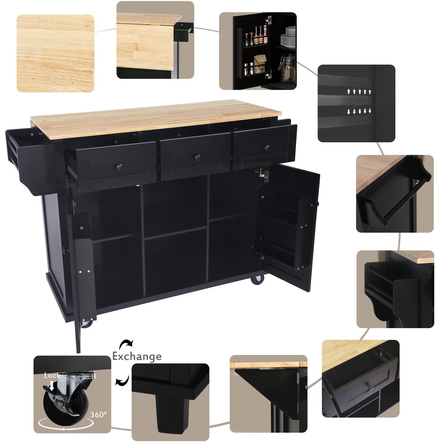 Black Kitchen Island Cart with Rubberwood Drop-Leaf Top Storage Cabinet and 3 Drawers on Wheels
