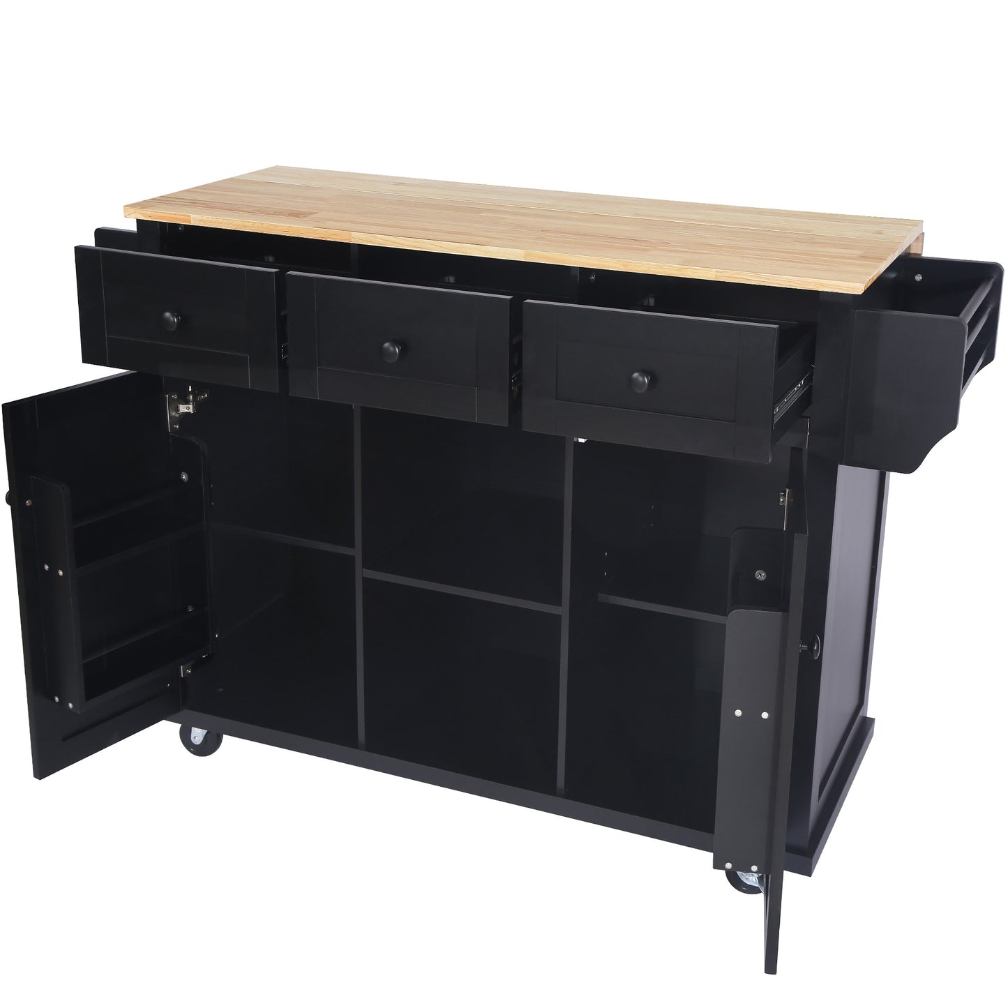 Black Kitchen Island Cart with Rubberwood Drop-Leaf Top Storage Cabinet and 3 Drawers on Wheels
