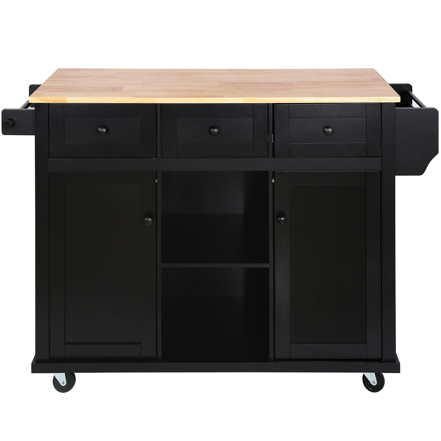 Black Kitchen Island Cart with Rubberwood Drop-Leaf Top Storage Cabinet and 3 Drawers on Wheels