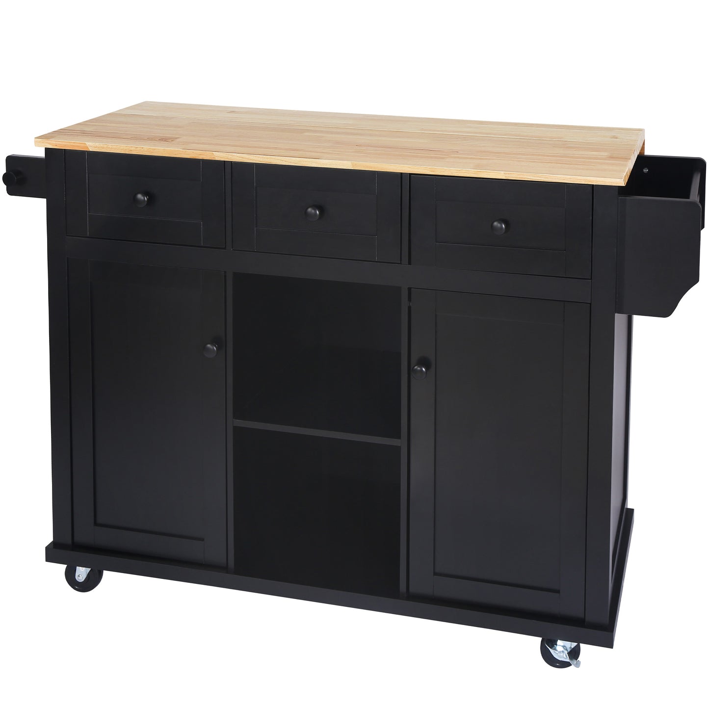 Black Kitchen Island Cart with Rubberwood Drop-Leaf Top Storage Cabinet and 3 Drawers on Wheels
