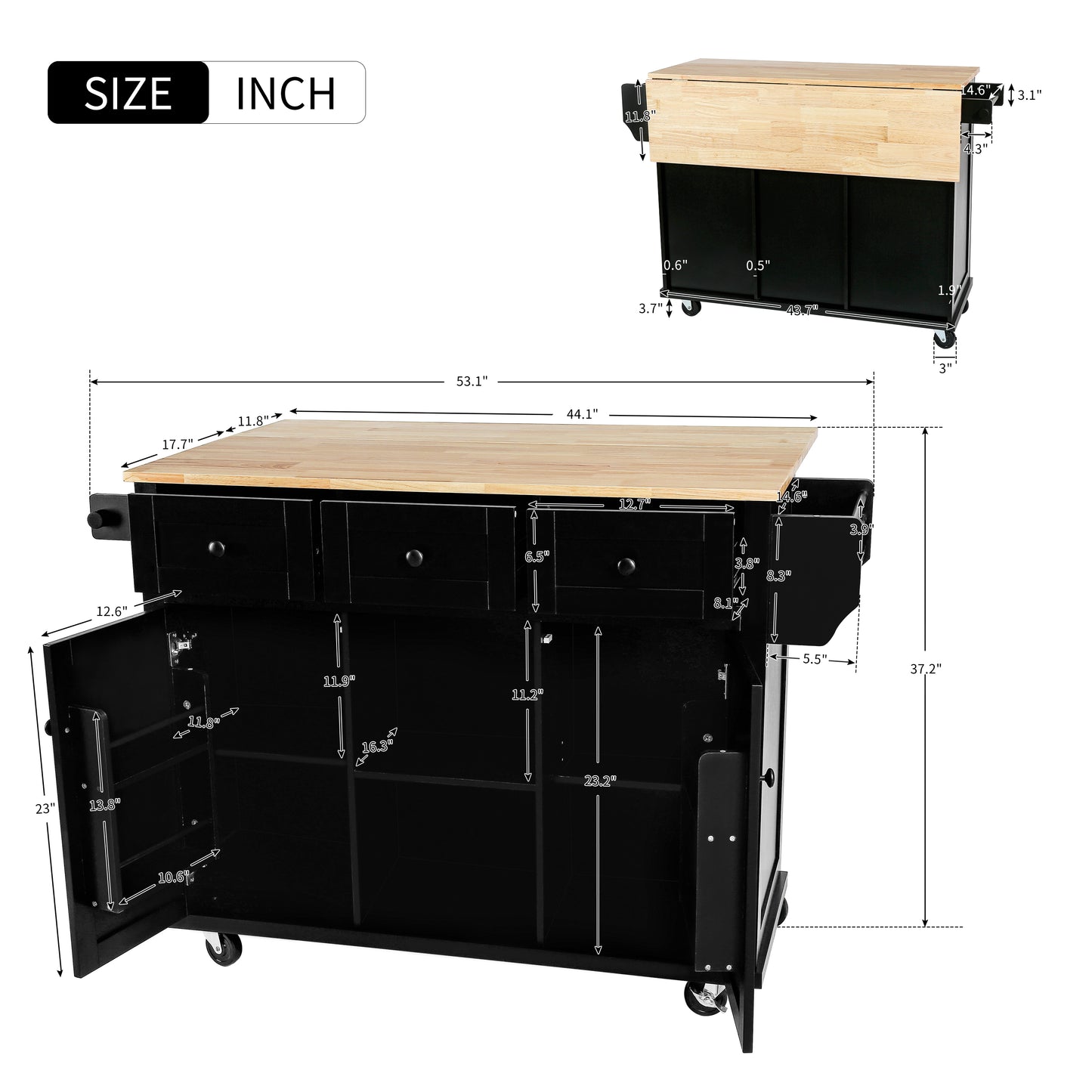 Black Kitchen Island Cart with Rubberwood Drop-Leaf Top Storage Cabinet and 3 Drawers on Wheels