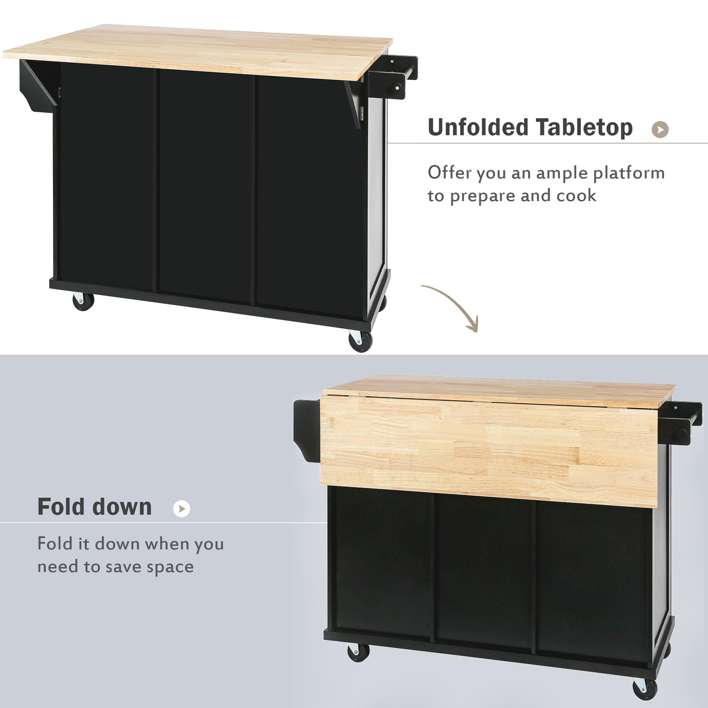 Black Kitchen Island Cart with Rubberwood Drop-Leaf Top Storage Cabinet and 3 Drawers on Wheels