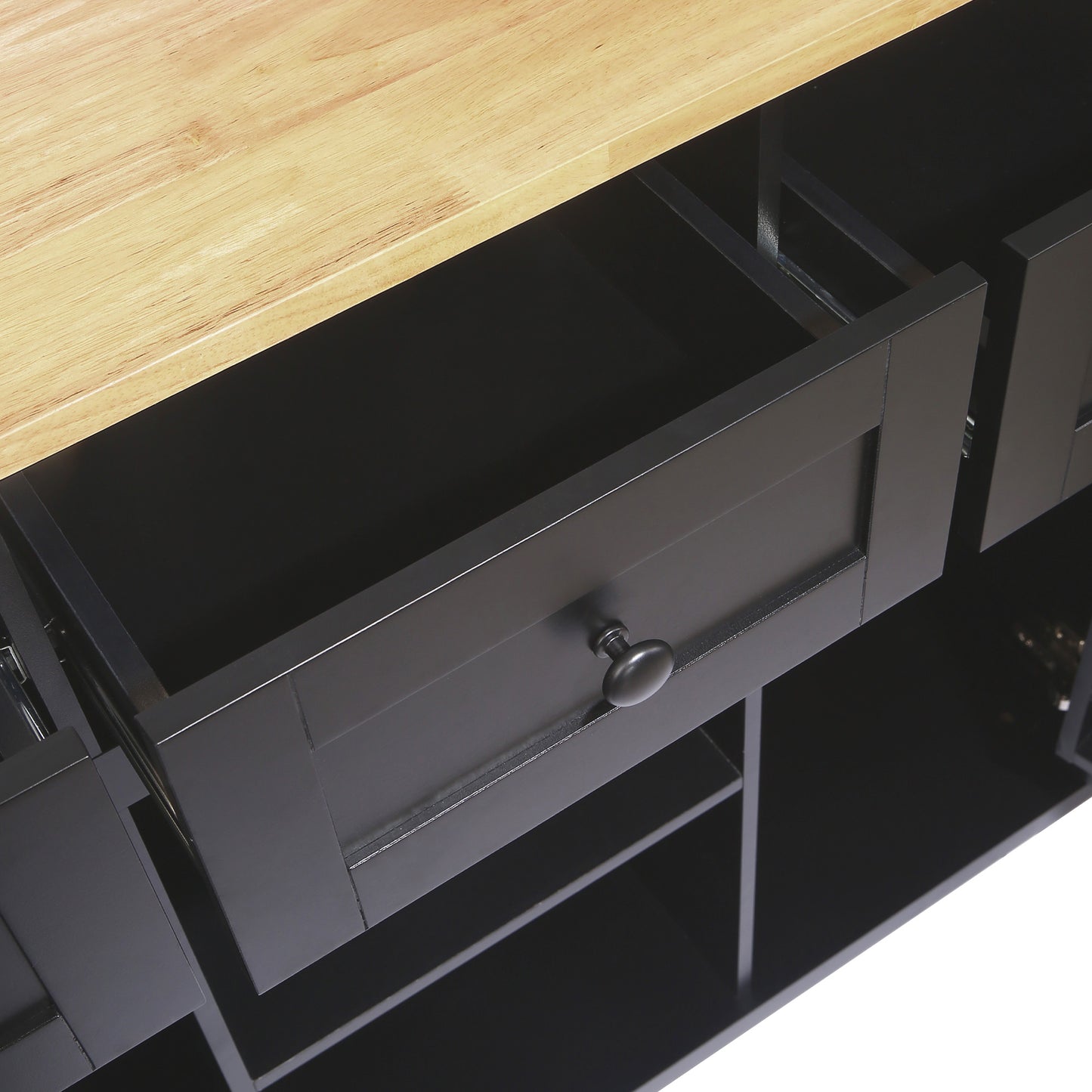 Black Kitchen Island Cart with Rubberwood Drop-Leaf Top Storage Cabinet and 3 Drawers on Wheels