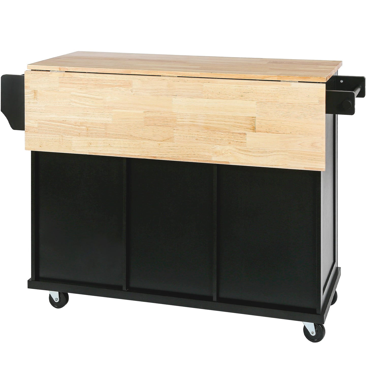 Black Kitchen Island Cart with Rubberwood Drop-Leaf Top Storage Cabinet and 3 Drawers on Wheels