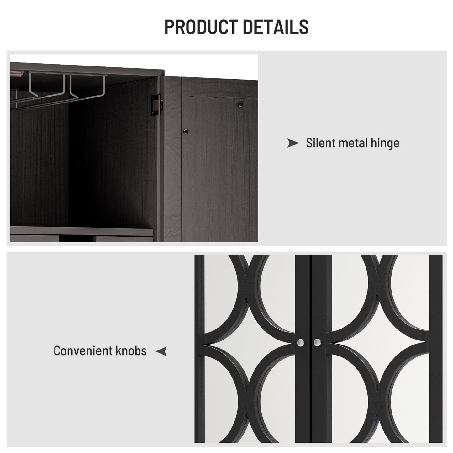 Solid Rubber Wood Wine Cabinet - Double Mirror Door Bar Organizer with Glass Holder - Stylish Sideboard for Dining Room