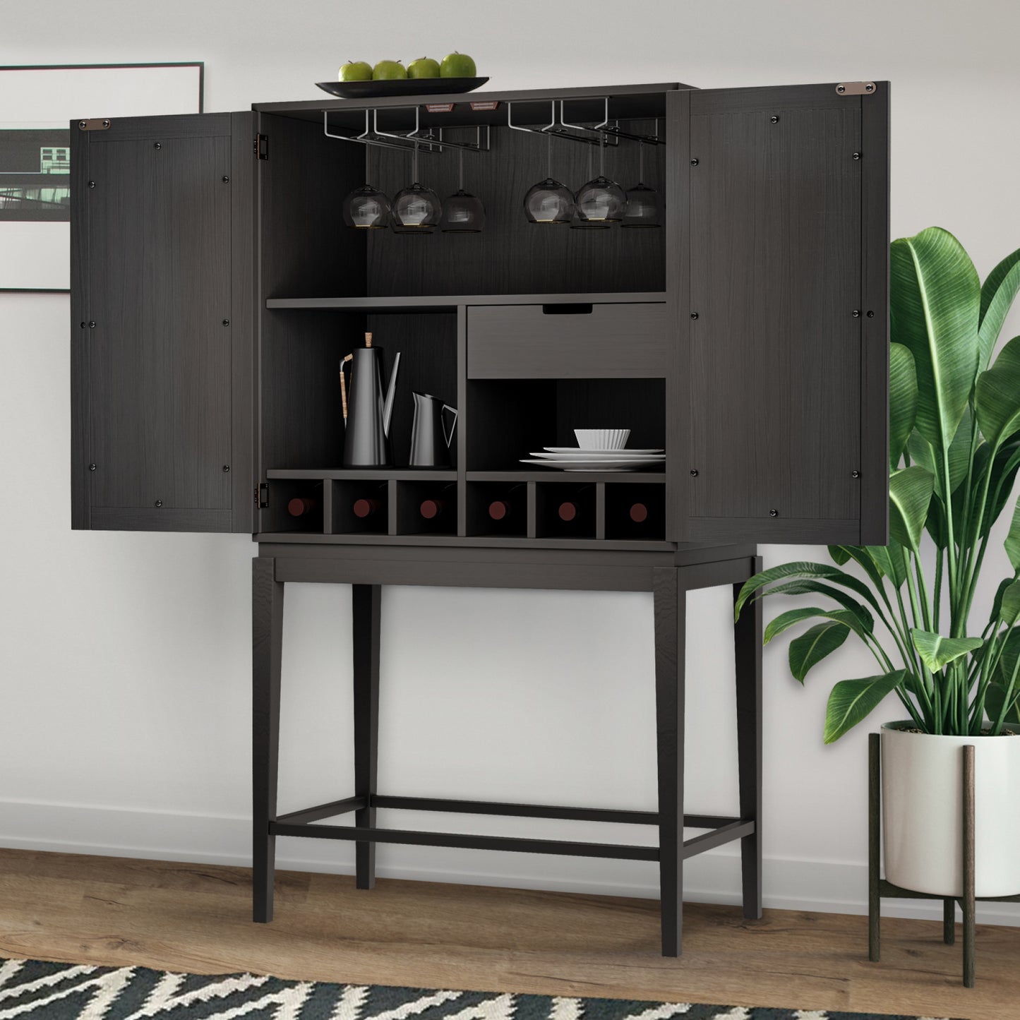 Solid Rubber Wood Wine Cabinet - Double Mirror Door Bar Organizer with Glass Holder - Stylish Sideboard for Dining Room