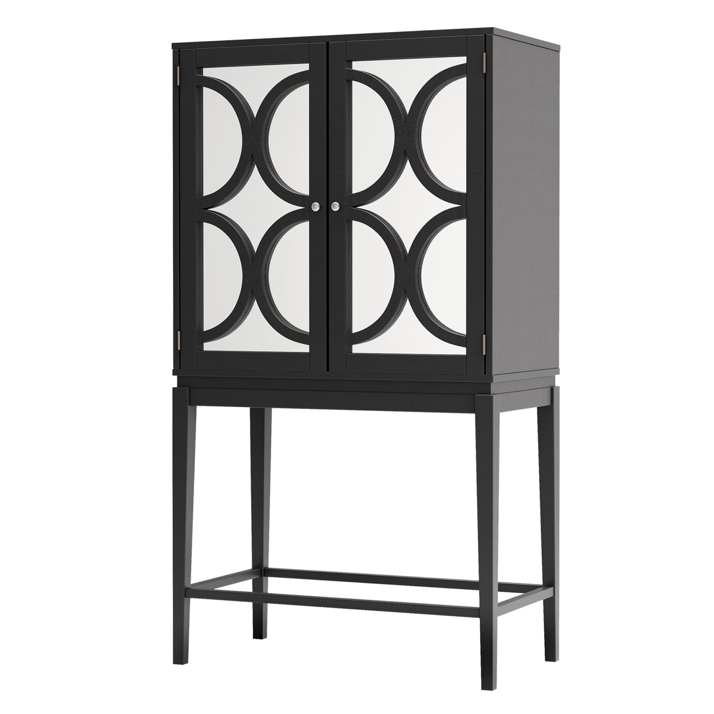 Solid Rubber Wood Wine Cabinet - Double Mirror Door Bar Organizer with Glass Holder - Stylish Sideboard for Dining Room