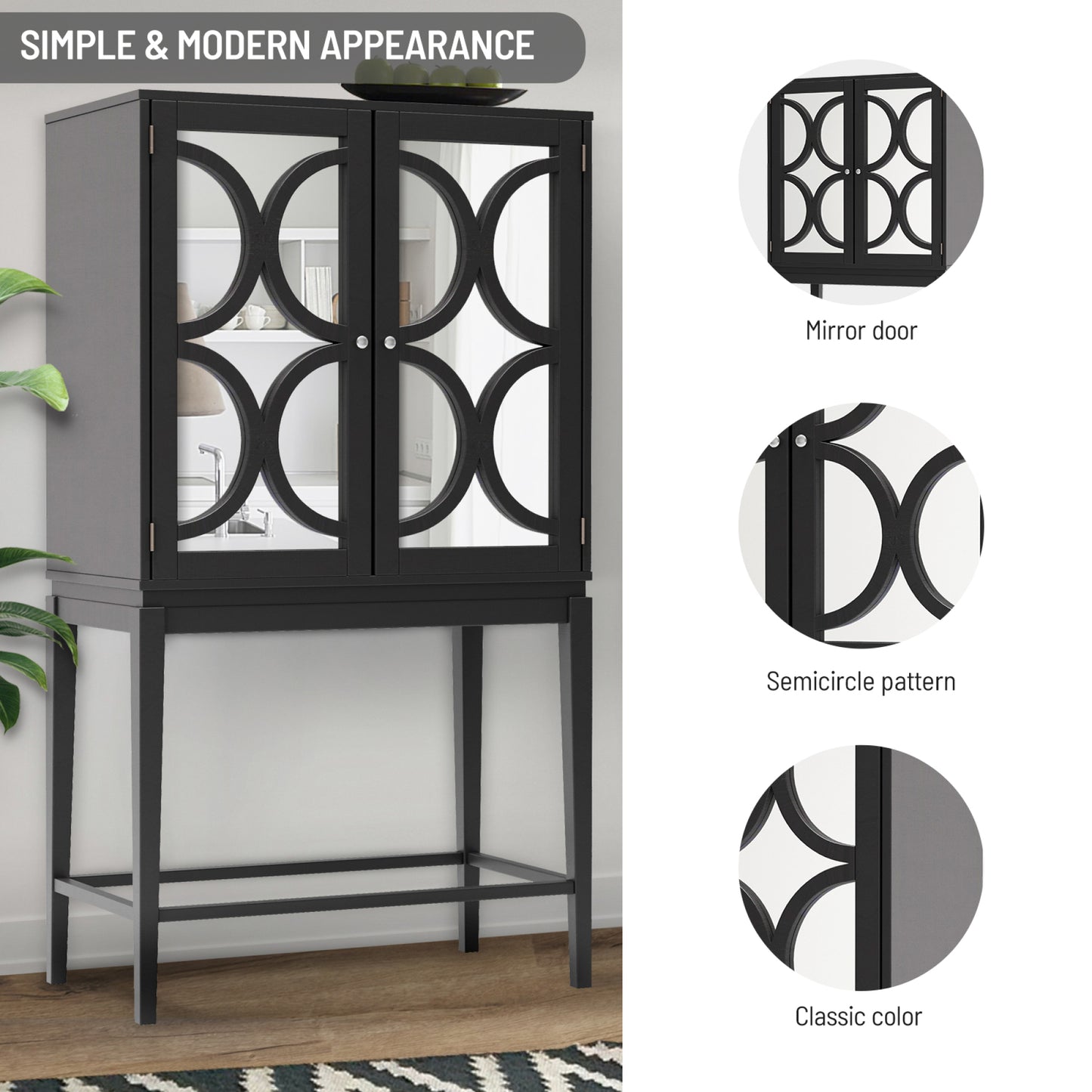 Solid Rubber Wood Wine Cabinet - Double Mirror Door Bar Organizer with Glass Holder - Stylish Sideboard for Dining Room